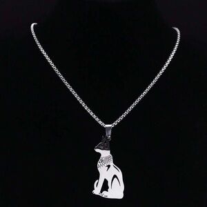 Egyptian Vintage inspired Cat Pendant Silver Tone Necklace Matching Chain